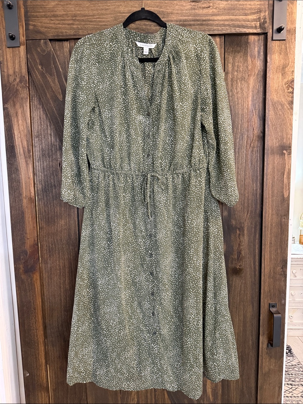 41 Hawthorn Olive Green Button-Front Midi Dress with Dotted Print